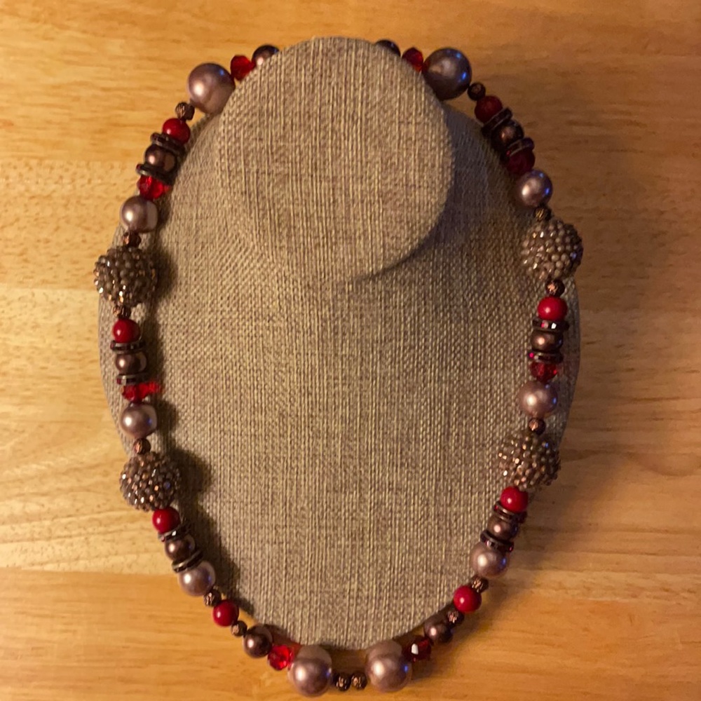 Necklace with beads and crystals. 24” long. Gold, copper and red.